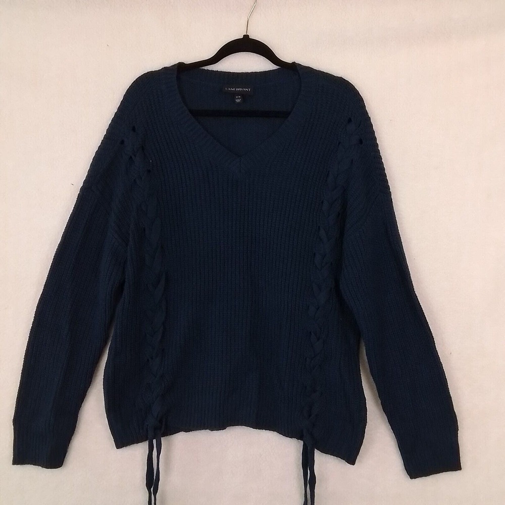 Lane Bryant Chunky Knit Sweater Size 14/16 in Navy w Hem Ties‎